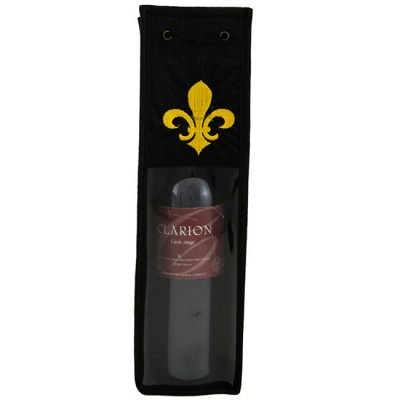 SW180530-WINE BOTTLE HOLDER BLACK W/GOLD EMBROIDERD FLEUR DE LIS